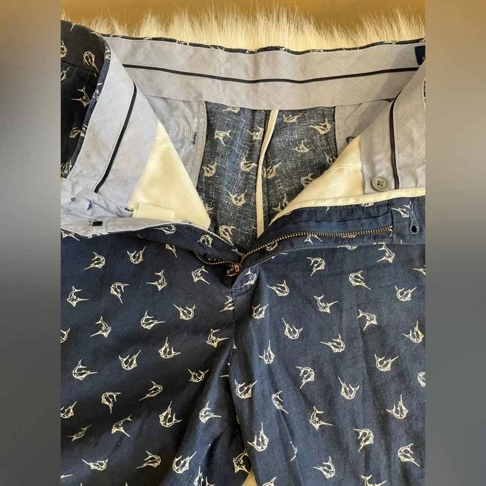 Polo Ralph Lauren Navy Blue Linen Marlin Print Shorts 36 x 9